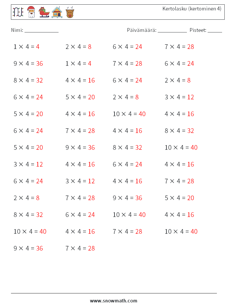 (50) Kertolasku (kertominen 4) Matematiikan laskentataulukot 1 Kysymys, vastaus