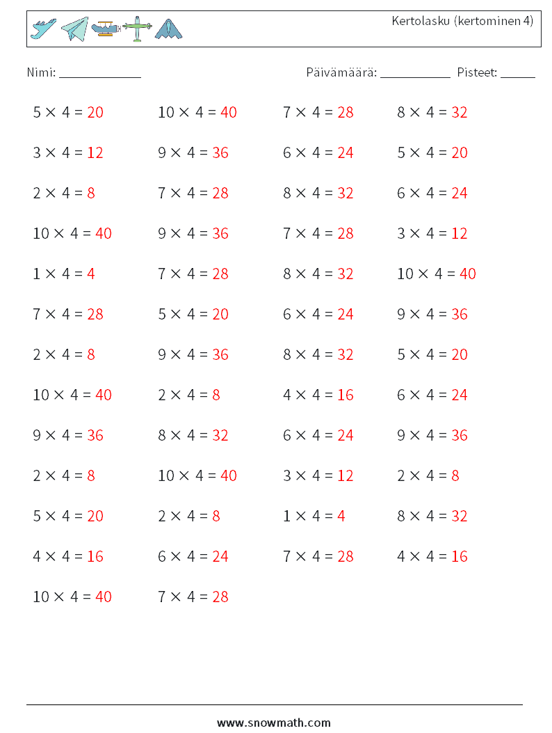 (50) Kertolasku (kertominen 4) Matematiikan laskentataulukot 2 Kysymys, vastaus