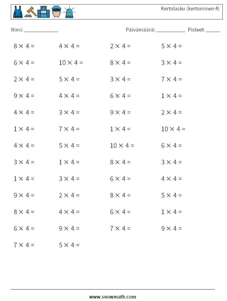 (50) Kertolasku (kertominen 4) Matematiikan laskentataulukot 4