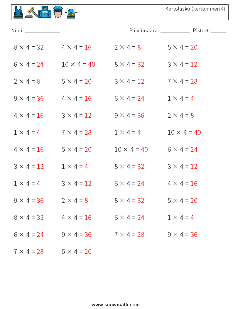 (50) Kertolasku (kertominen 4) Matematiikan laskentataulukot 4 Kysymys, vastaus