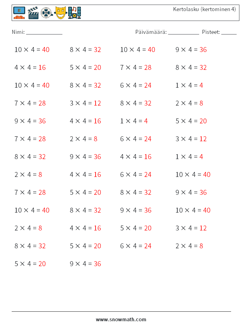 (50) Kertolasku (kertominen 4) Matematiikan laskentataulukot 5 Kysymys, vastaus