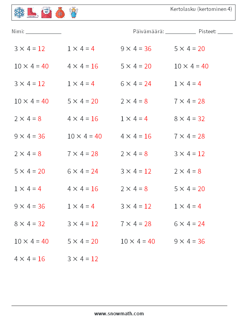 (50) Kertolasku (kertominen 4) Matematiikan laskentataulukot 7 Kysymys, vastaus