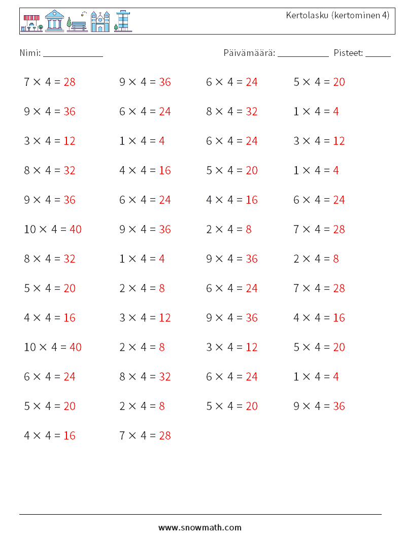 (50) Kertolasku (kertominen 4) Matematiikan laskentataulukot 8 Kysymys, vastaus