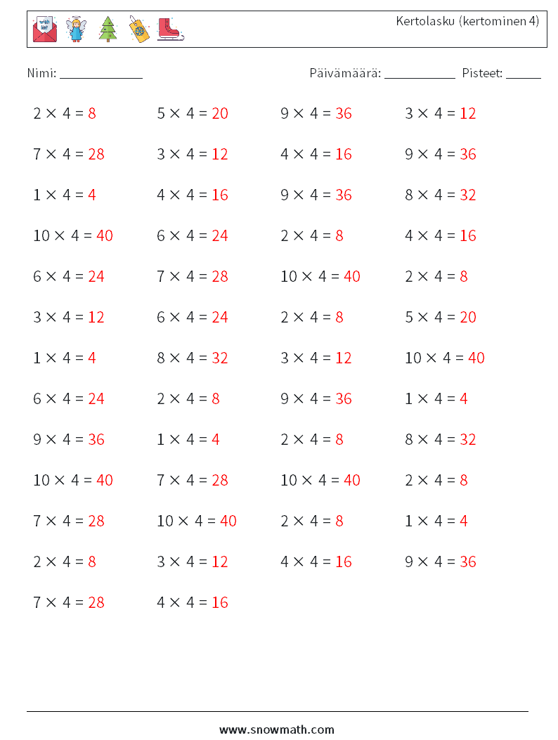(50) Kertolasku (kertominen 4) Matematiikan laskentataulukot 9 Kysymys, vastaus