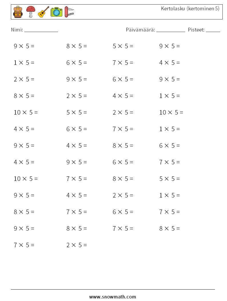 (50) Kertolasku (kertominen 5) Matematiikan laskentataulukot 2