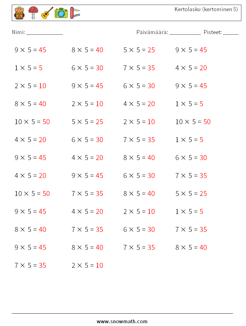 (50) Kertolasku (kertominen 5) Matematiikan laskentataulukot 2 Kysymys, vastaus