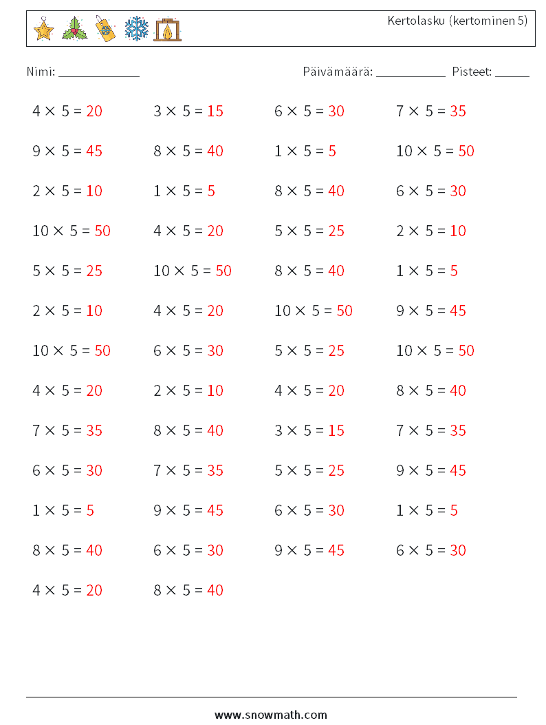 (50) Kertolasku (kertominen 5) Matematiikan laskentataulukot 5 Kysymys, vastaus