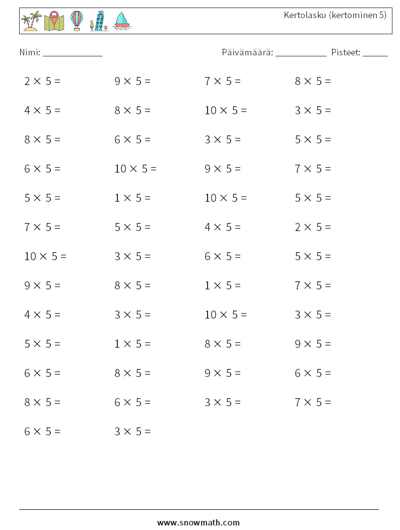 (50) Kertolasku (kertominen 5) Matematiikan laskentataulukot 6