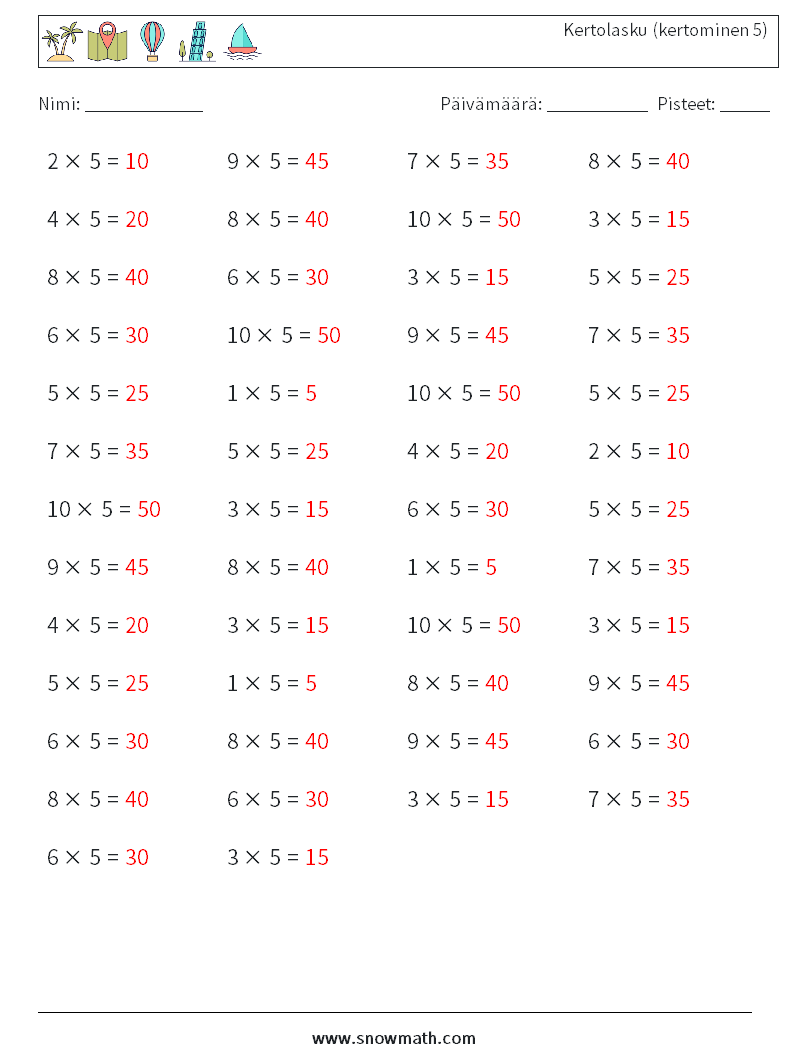 (50) Kertolasku (kertominen 5) Matematiikan laskentataulukot 6 Kysymys, vastaus