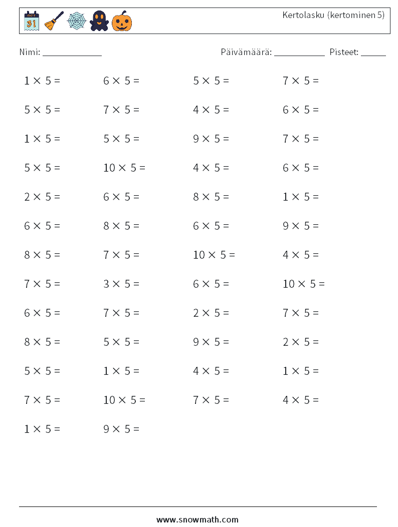 (50) Kertolasku (kertominen 5) Matematiikan laskentataulukot 7