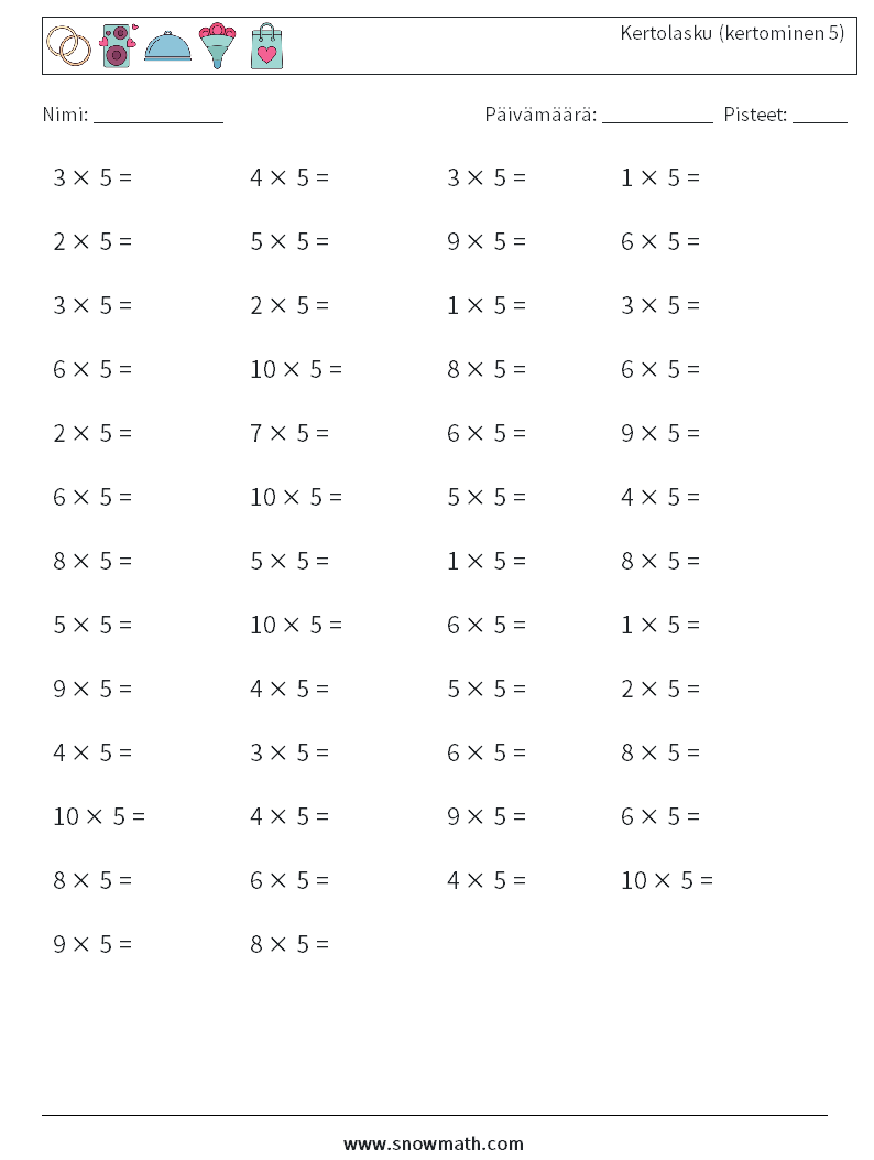 (50) Kertolasku (kertominen 5) Matematiikan laskentataulukot 9