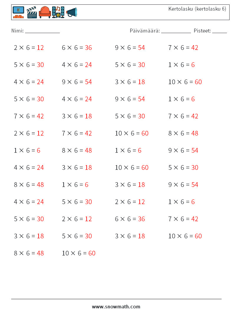 (50) Kertolasku (kertolasku 6) Matematiikan laskentataulukot 8 Kysymys, vastaus