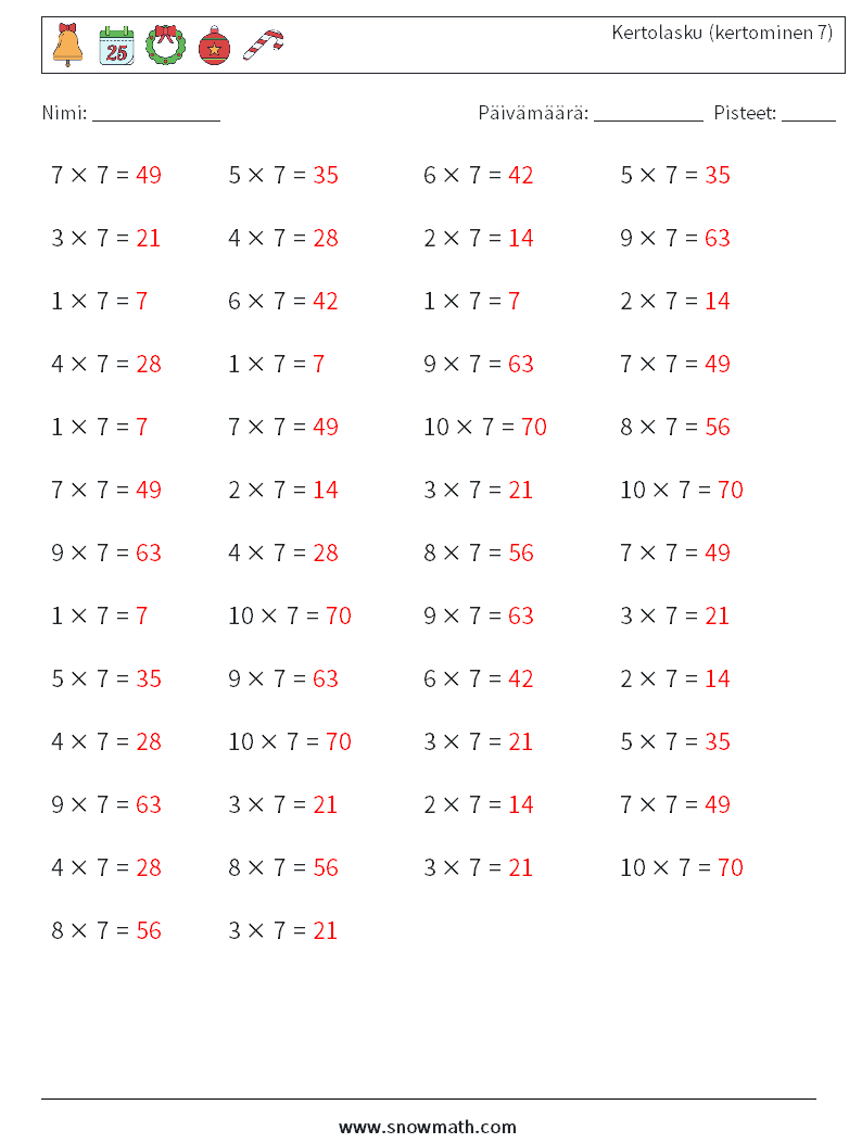(50) Kertolasku (kertominen 7) Matematiikan laskentataulukot 1 Kysymys, vastaus