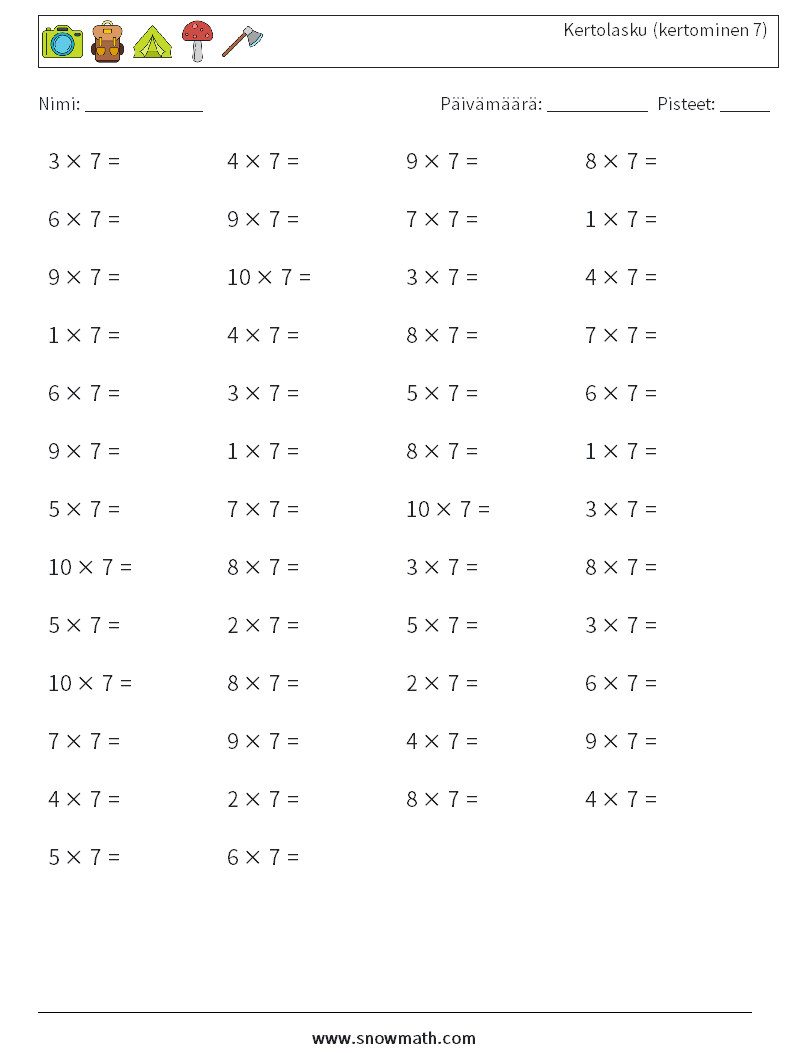 (50) Kertolasku (kertominen 7) Matematiikan laskentataulukot 2