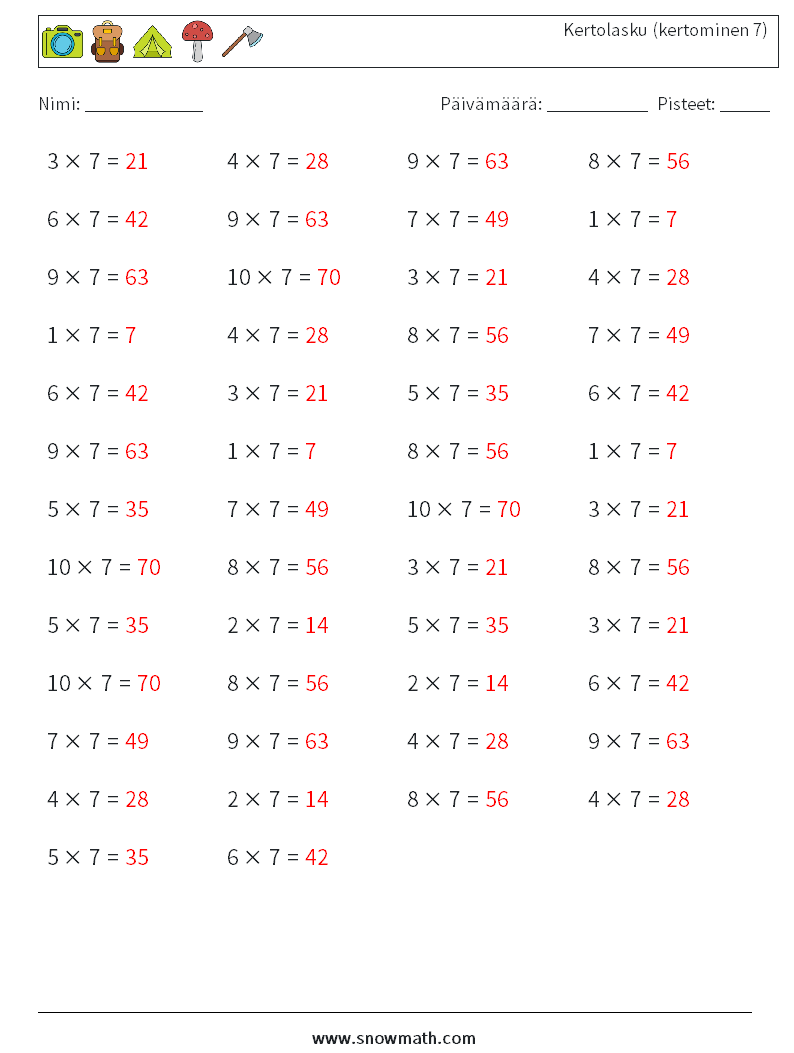 (50) Kertolasku (kertominen 7) Matematiikan laskentataulukot 2 Kysymys, vastaus