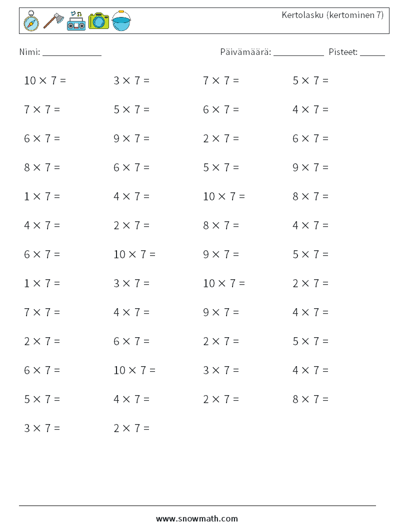 (50) Kertolasku (kertominen 7) Matematiikan laskentataulukot 3