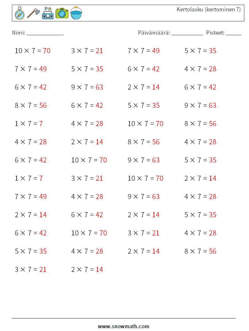 (50) Kertolasku (kertominen 7) Matematiikan laskentataulukot 3 Kysymys, vastaus