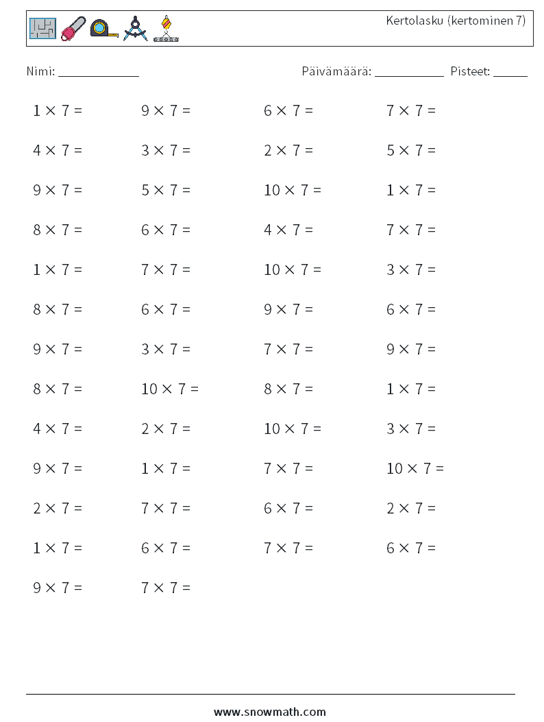 (50) Kertolasku (kertominen 7) Matematiikan laskentataulukot 4