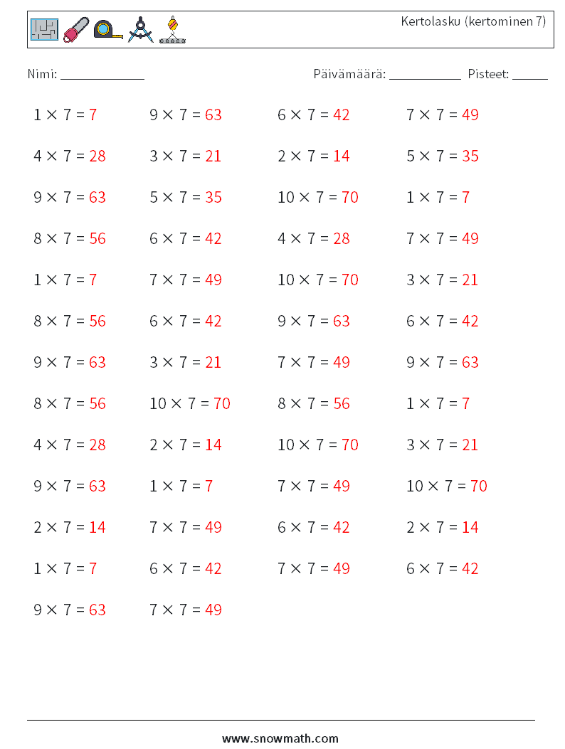 (50) Kertolasku (kertominen 7) Matematiikan laskentataulukot 4 Kysymys, vastaus