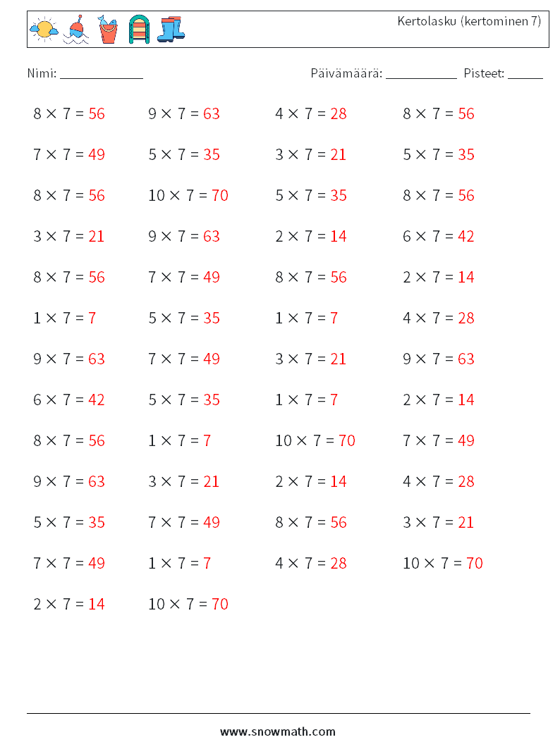 (50) Kertolasku (kertominen 7) Matematiikan laskentataulukot 5 Kysymys, vastaus