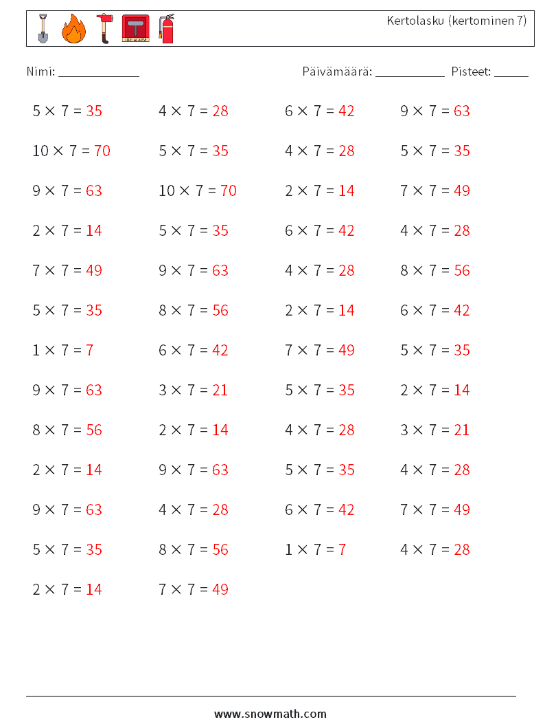 (50) Kertolasku (kertominen 7) Matematiikan laskentataulukot 7 Kysymys, vastaus