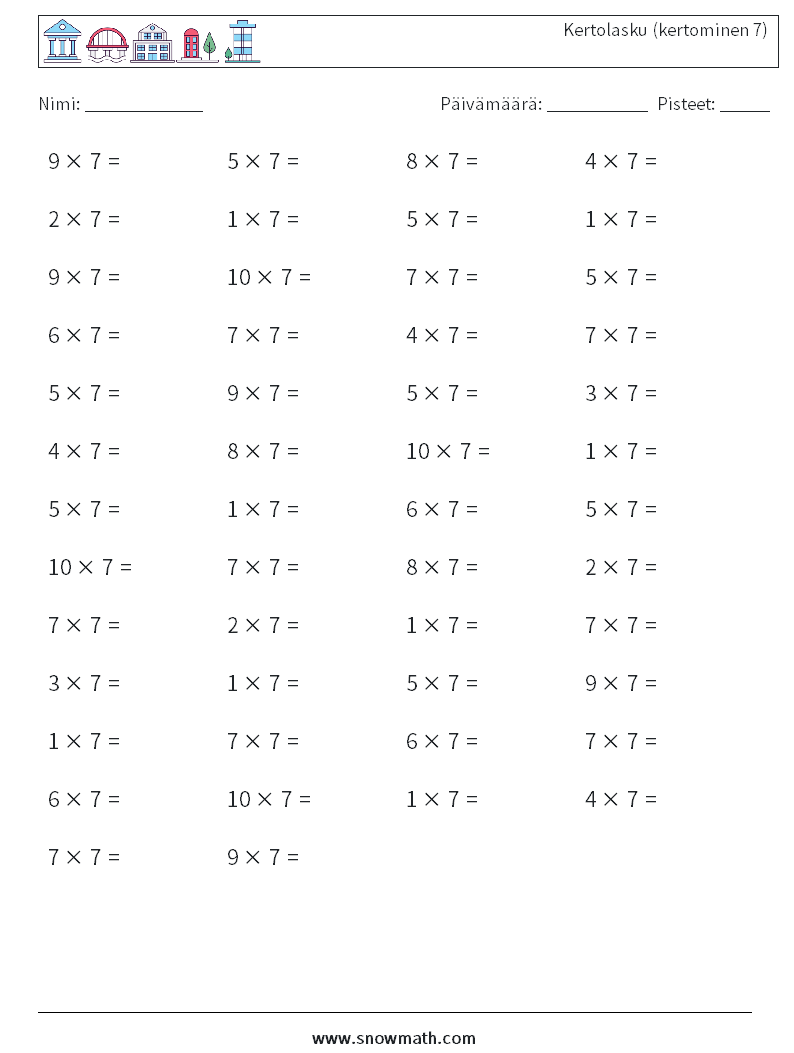 (50) Kertolasku (kertominen 7) Matematiikan laskentataulukot 8