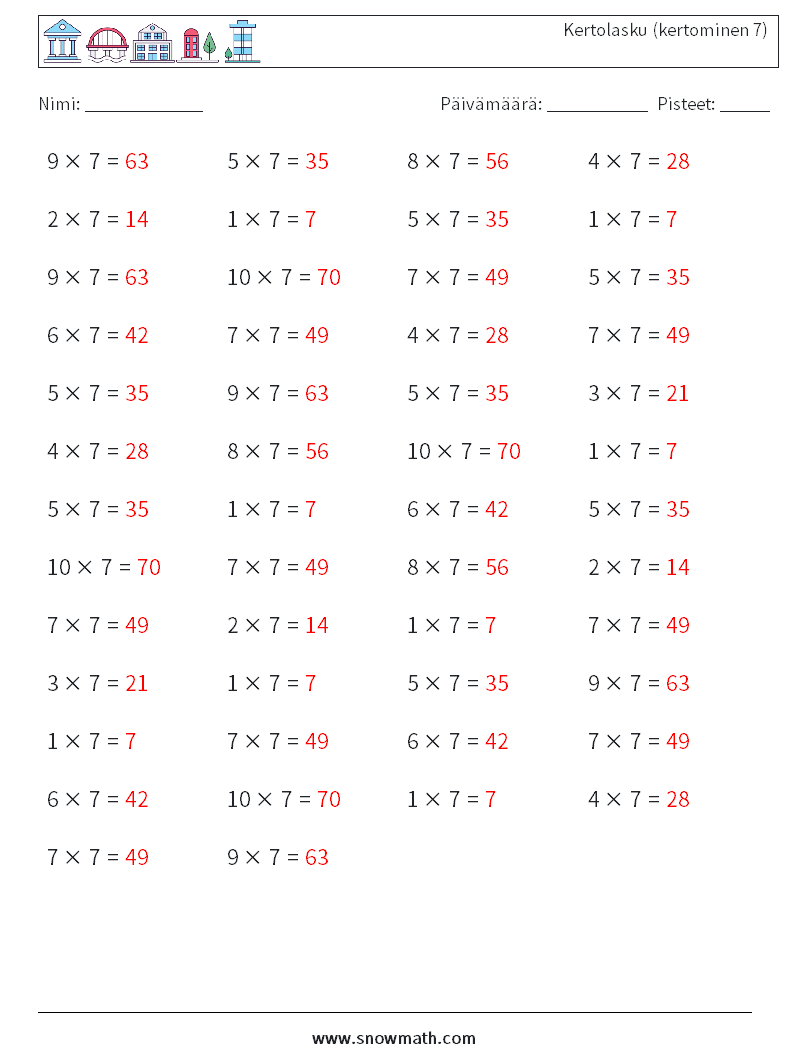 (50) Kertolasku (kertominen 7) Matematiikan laskentataulukot 8 Kysymys, vastaus