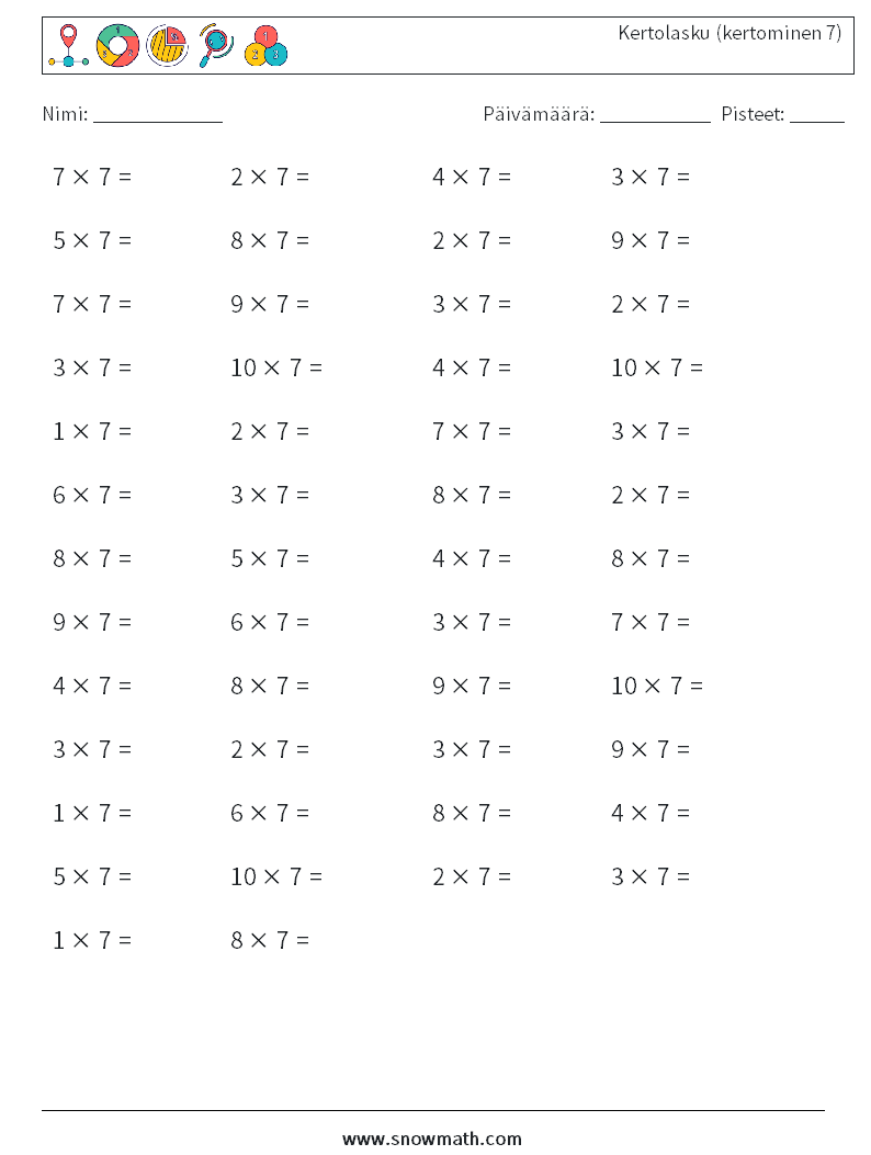 (50) Kertolasku (kertominen 7) Matematiikan laskentataulukot 9