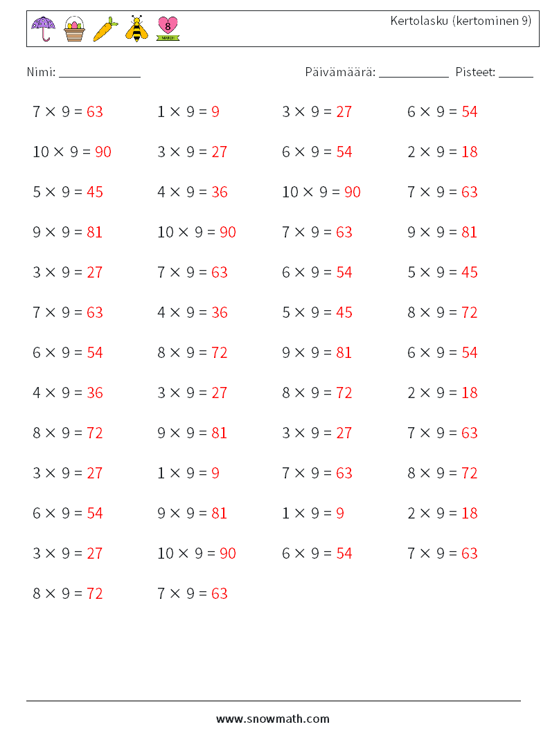 (50) Kertolasku (kertominen 9) Matematiikan laskentataulukot 1 Kysymys, vastaus