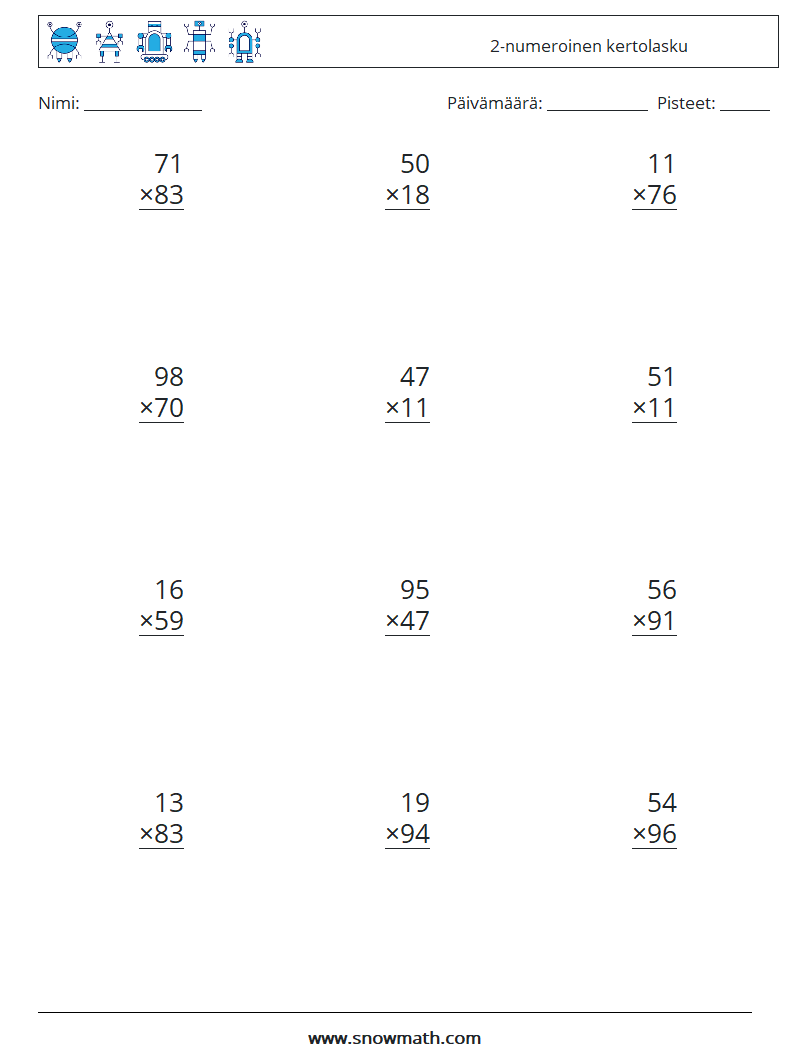 (12) 2-numeroinen kertolasku Matematiikan laskentataulukot 10