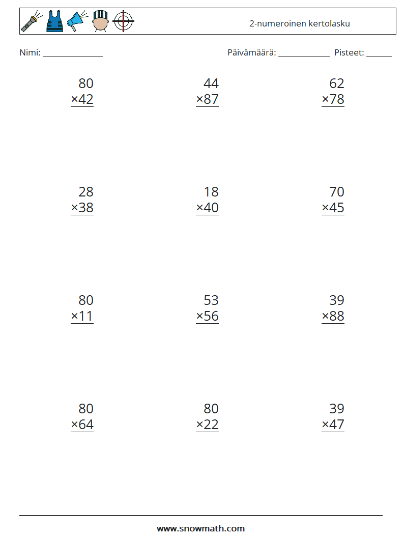 (12) 2-numeroinen kertolasku Matematiikan laskentataulukot 12