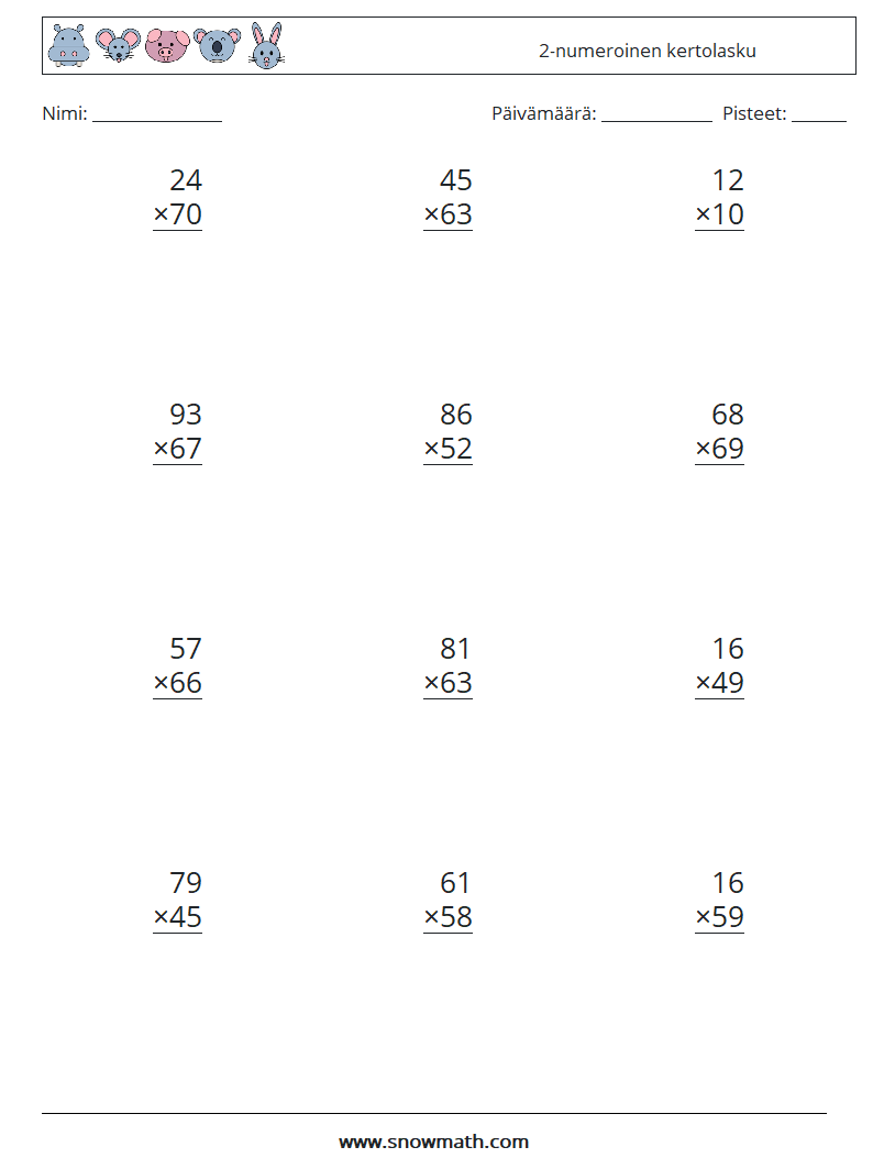 (12) 2-numeroinen kertolasku Matematiikan laskentataulukot 14