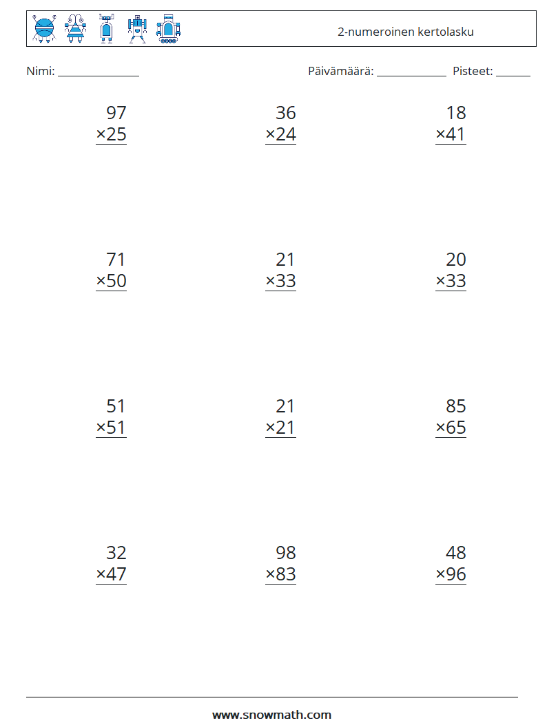 (12) 2-numeroinen kertolasku Matematiikan laskentataulukot 16
