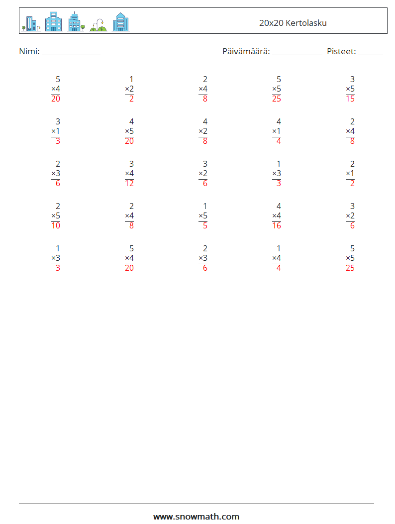 (25) 20x20 Kertolasku Matematiikan laskentataulukot 10 Kysymys, vastaus