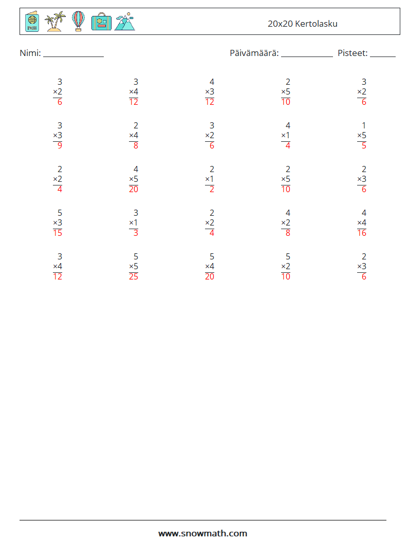 (25) 20x20 Kertolasku Matematiikan laskentataulukot 12 Kysymys, vastaus