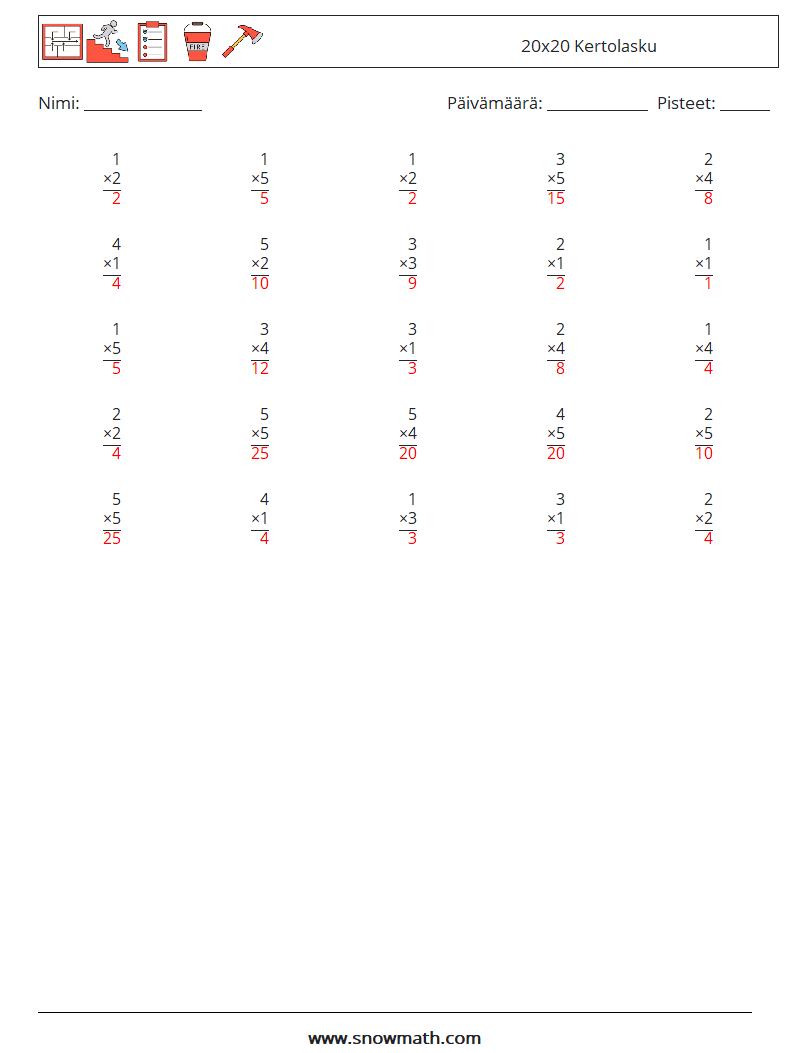 (25) 20x20 Kertolasku Matematiikan laskentataulukot 15 Kysymys, vastaus