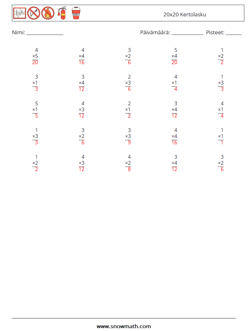 (25) 20x20 Kertolasku Matematiikan laskentataulukot 16 Kysymys, vastaus