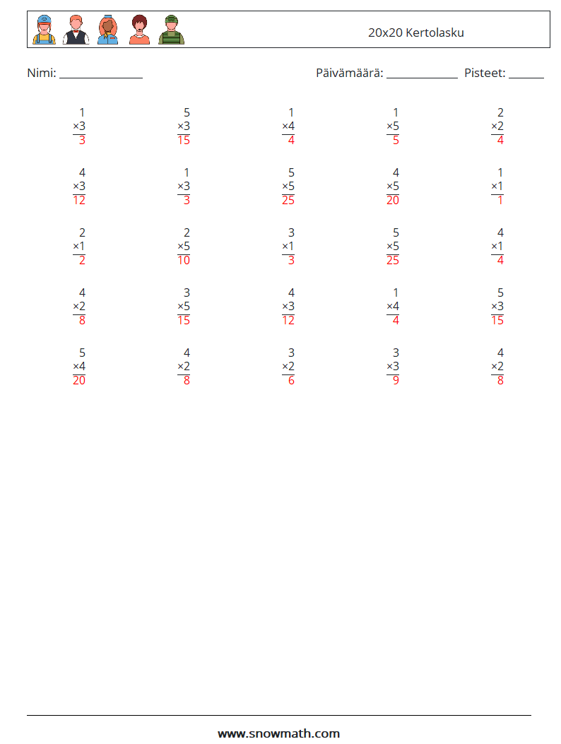 (25) 20x20 Kertolasku Matematiikan laskentataulukot 17 Kysymys, vastaus