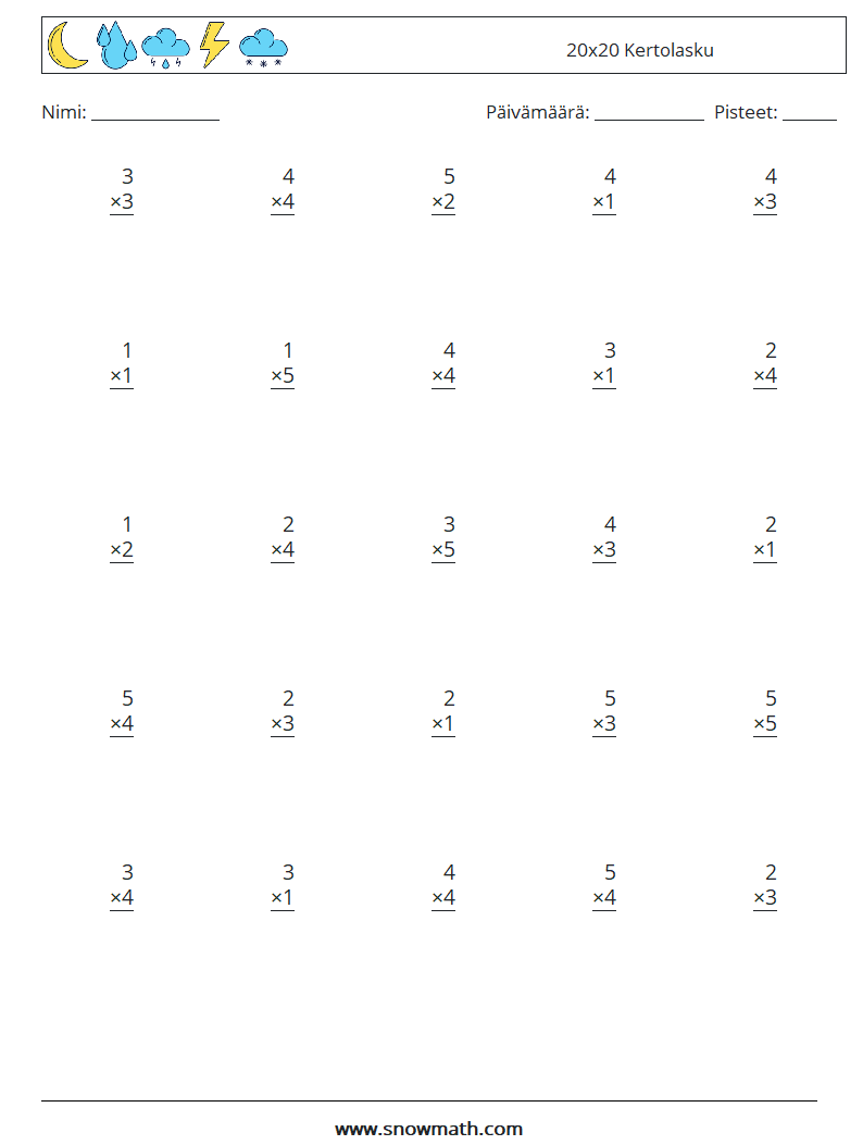 (25) 20x20 Kertolasku Matematiikan laskentataulukot 3