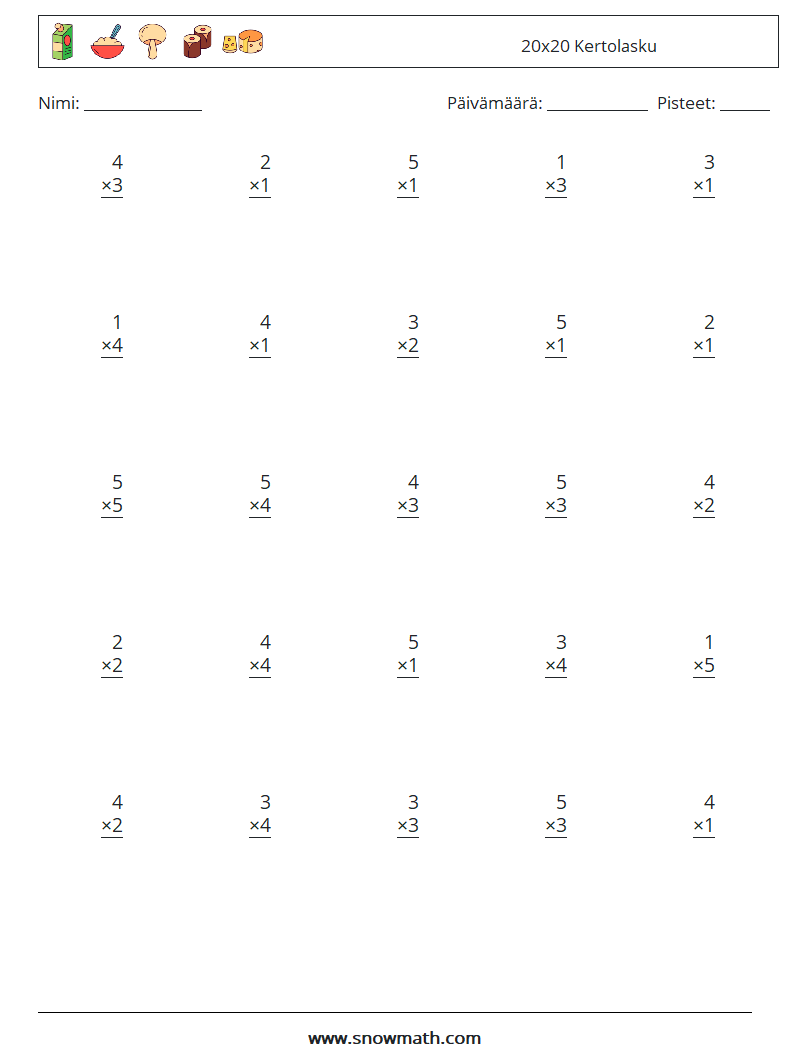 (25) 20x20 Kertolasku Matematiikan laskentataulukot 4