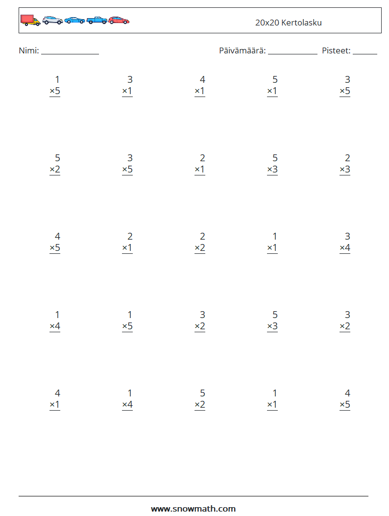 (25) 20x20 Kertolasku Matematiikan laskentataulukot 6