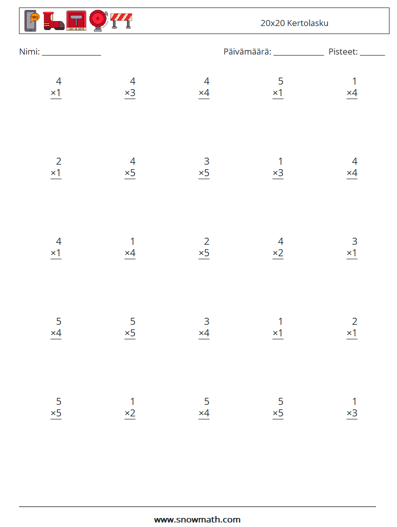 (25) 20x20 Kertolasku Matematiikan laskentataulukot 7