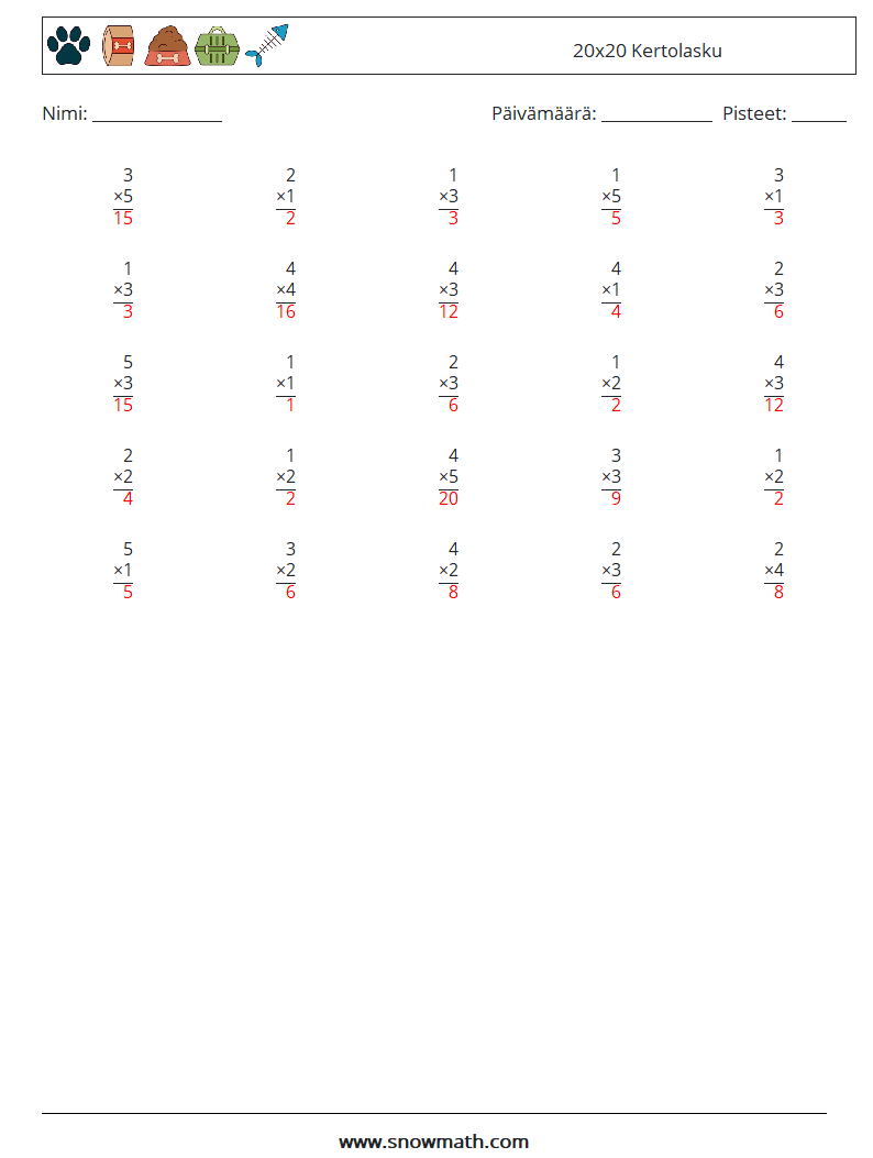(25) 20x20 Kertolasku Matematiikan laskentataulukot 8 Kysymys, vastaus