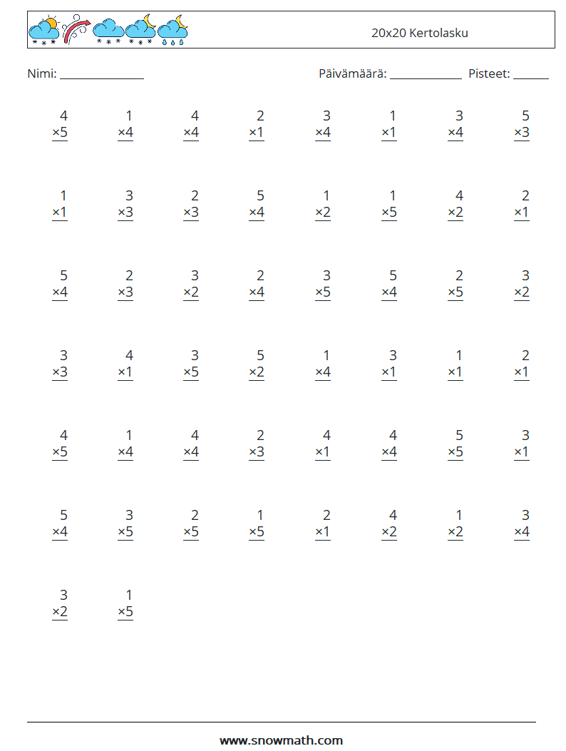 (50) 20x20 Kertolasku Matematiikan laskentataulukot 11