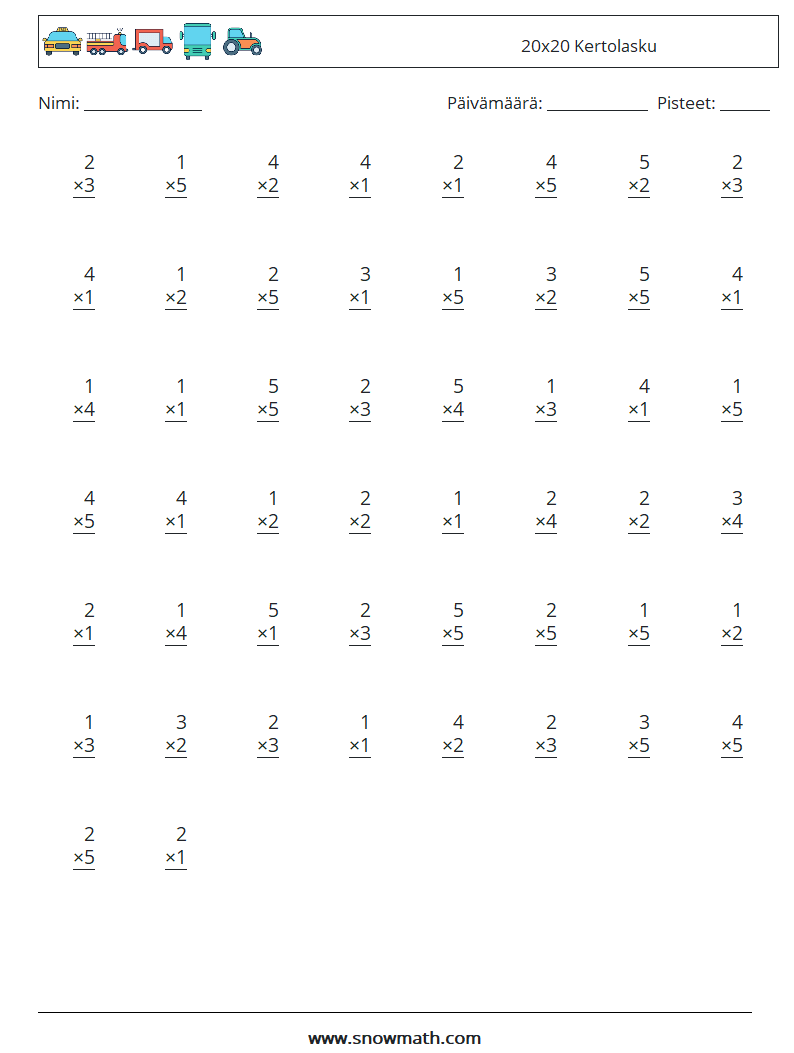 (50) 20x20 Kertolasku Matematiikan laskentataulukot 12