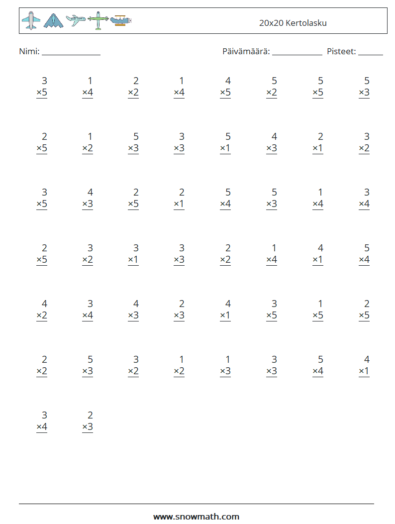 (50) 20x20 Kertolasku Matematiikan laskentataulukot 13