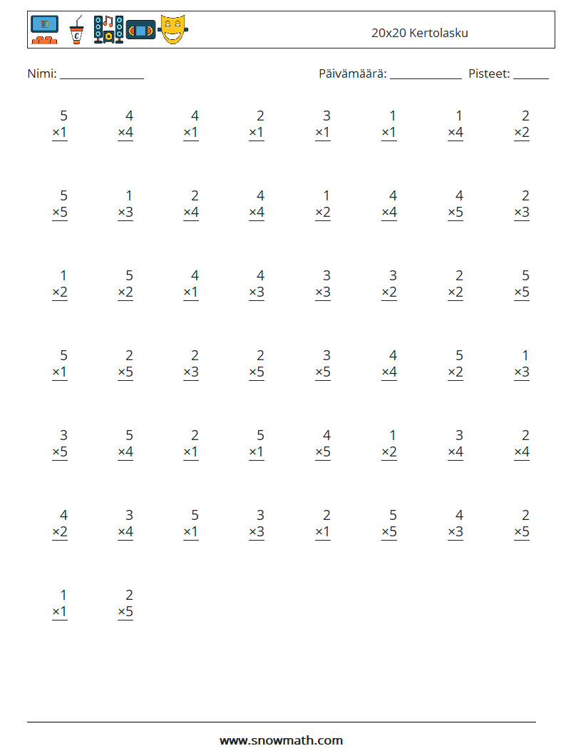 (50) 20x20 Kertolasku Matematiikan laskentataulukot 15