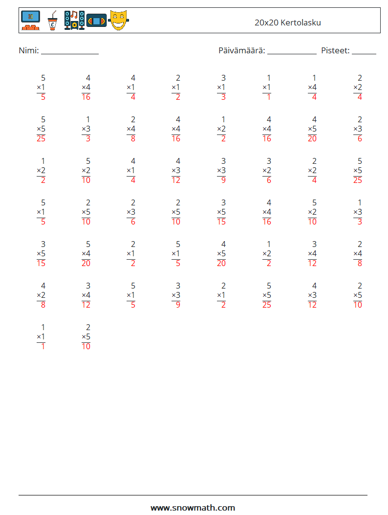 (50) 20x20 Kertolasku Matematiikan laskentataulukot 15 Kysymys, vastaus