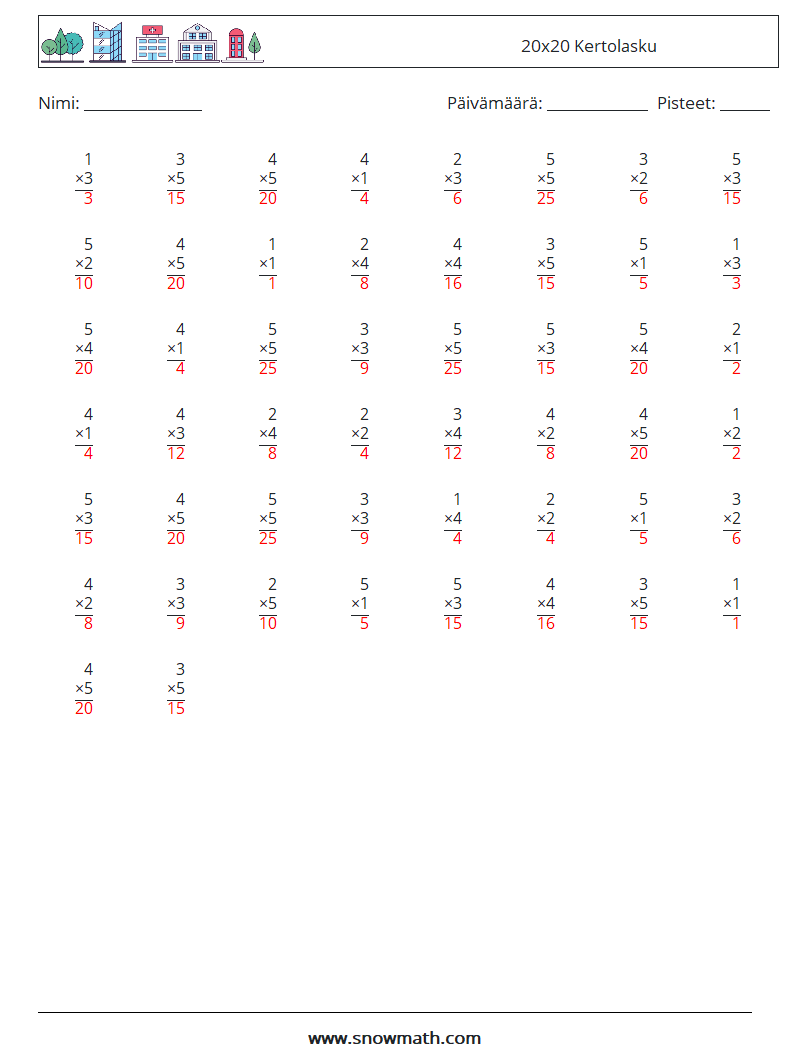 (50) 20x20 Kertolasku Matematiikan laskentataulukot 16 Kysymys, vastaus