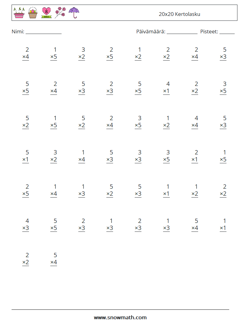 (50) 20x20 Kertolasku Matematiikan laskentataulukot 2